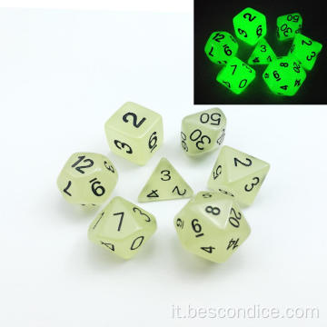 Set di 7 bagliori nei dadi poliedrici scuri (7 muore nel set) | Dadi di gioco di ruolo | D4, D6, D8, D10, D%, D12 e D20 (Aqua)